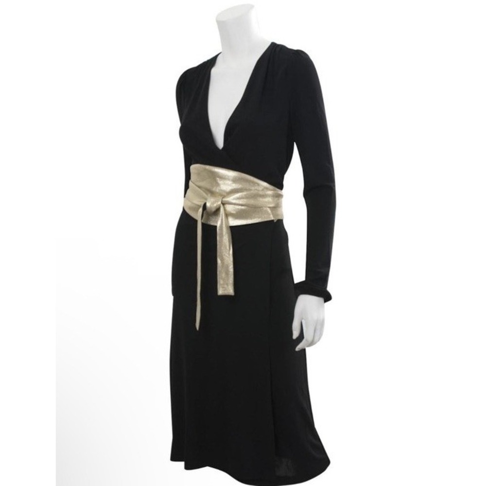 Vintage DVF Diane von Furstenberg Obi Wrap Dress Black Metallic Gold Sz 10 Rare